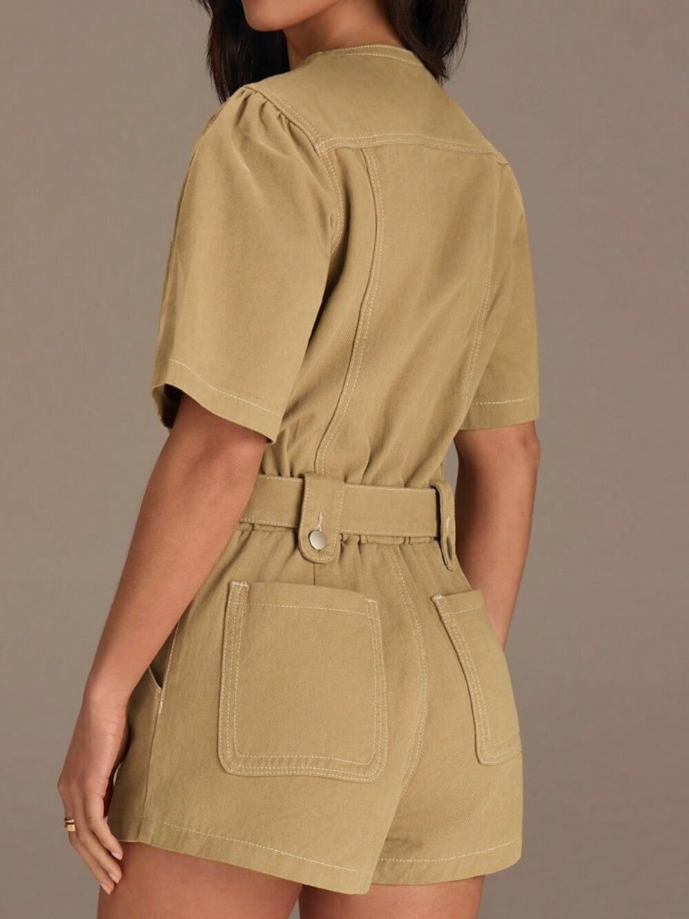 Khaki Casual Women's Short Sleeve Button-Up Denim Jumpsuit - Picture 2 of 6
